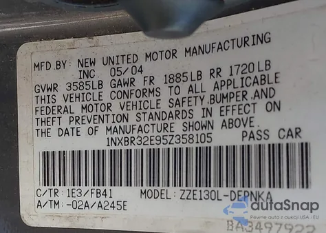 2005 Toyota Corolla Le из США, поврежденный, VIN 1NXBR32E95Z358105